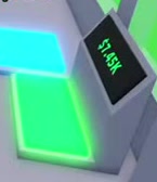 Cash collection terminal with a tilted display and glowing green floor pad.