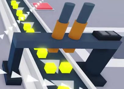 Twin-Barrel Dropper with two orange-gray cylinders on a dark conveyor frame.