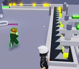 Conveyor with white borders, directional arrows, and yellow blocks.