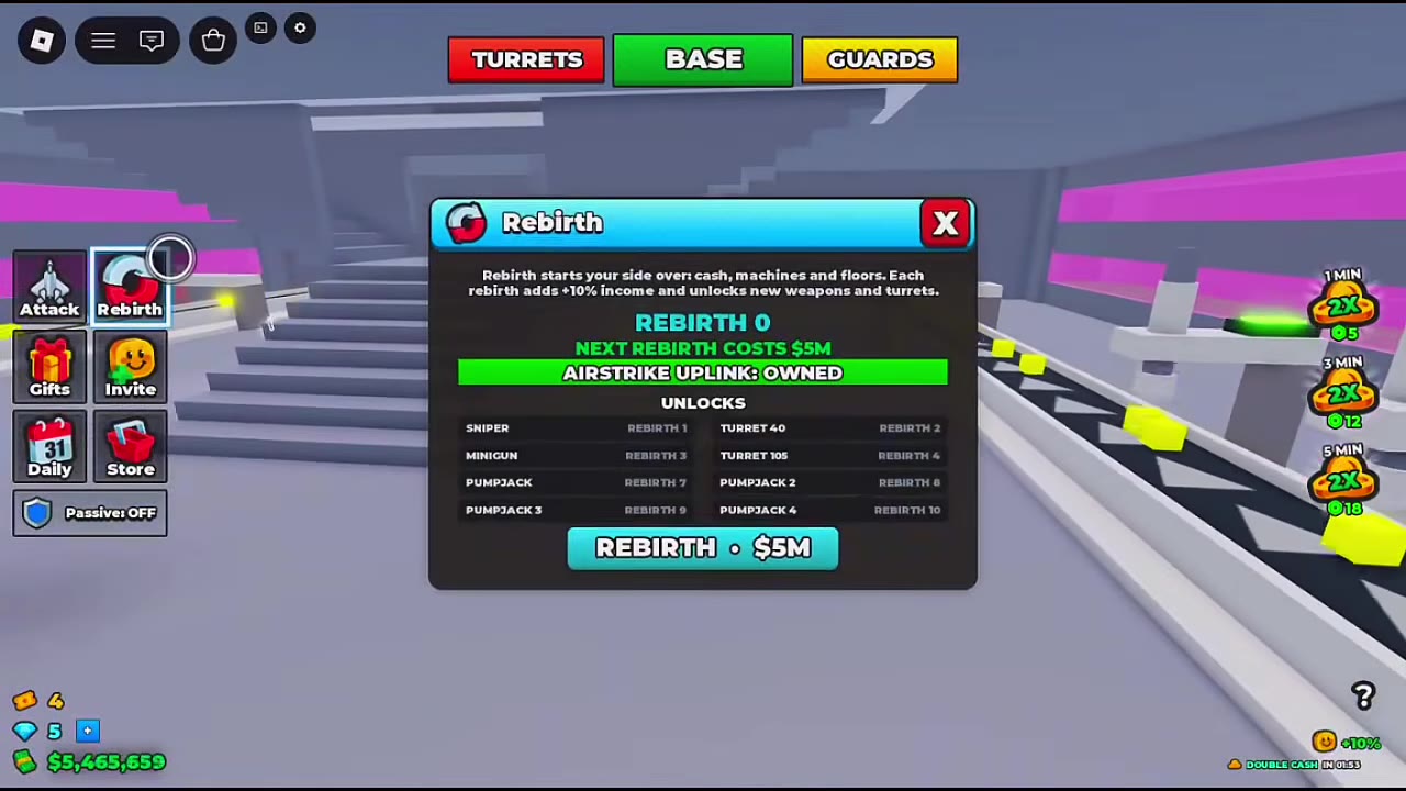 Rebirth menu showing Airstrike Uplink owned and the REBIRTH &middot; $5M button.