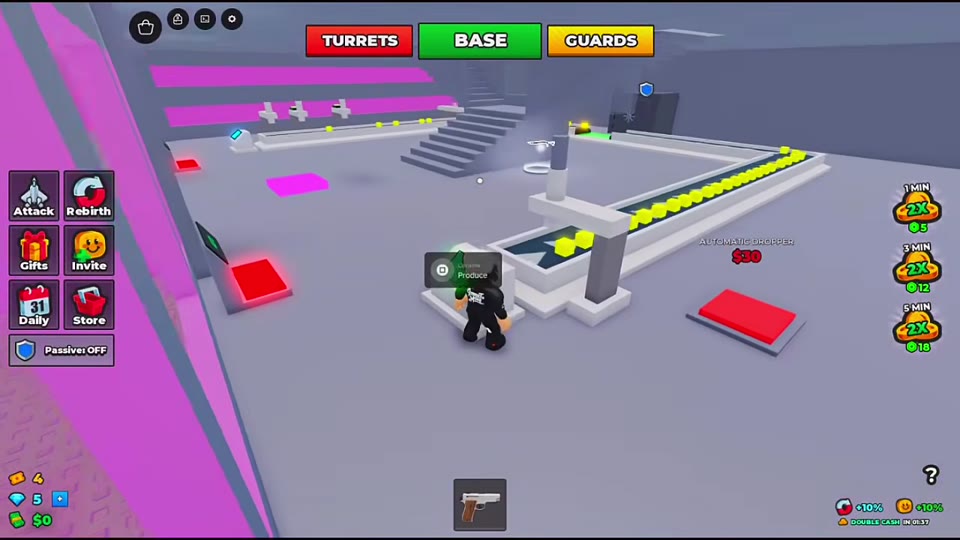 Produce console and yellow blocks on the starting conveyor beside the $30 Automatic Dropper pad.