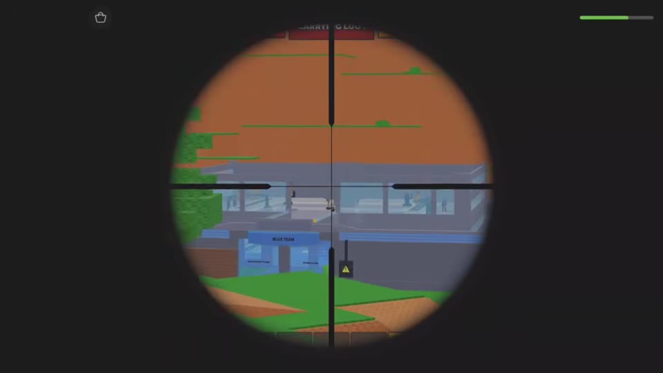 Circular scope view aimed at Blue Team&rsquo;s upper-floor windows.