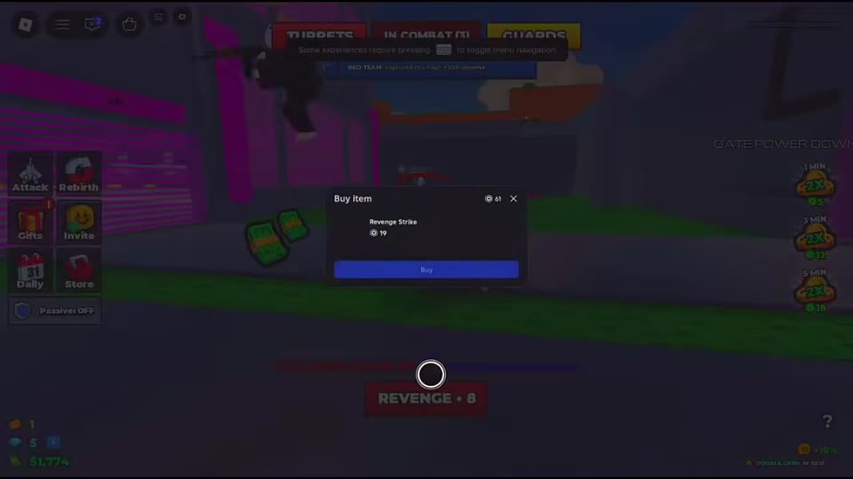 Revenge Strike purchase dialog showing a 19 Robux price and Buy button.