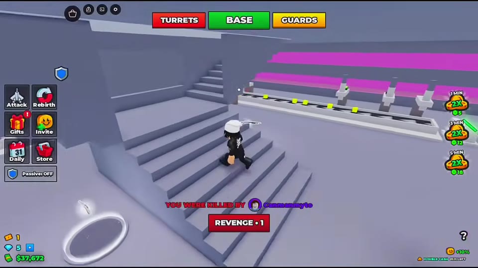 Red REVENGE button below the killer notification after respawning inside the factory.