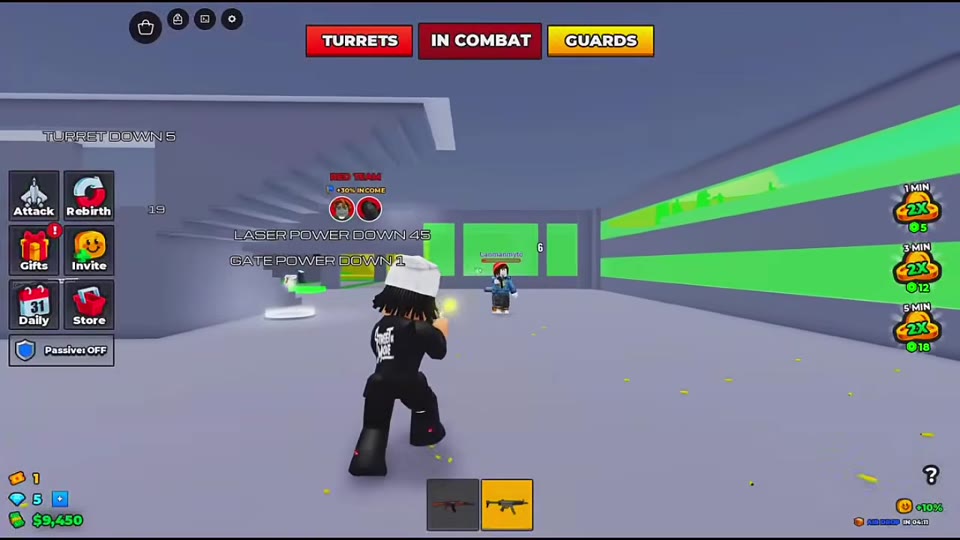 Turret, laser power, and gate power downtime indicators showing different countdowns inside the factory.