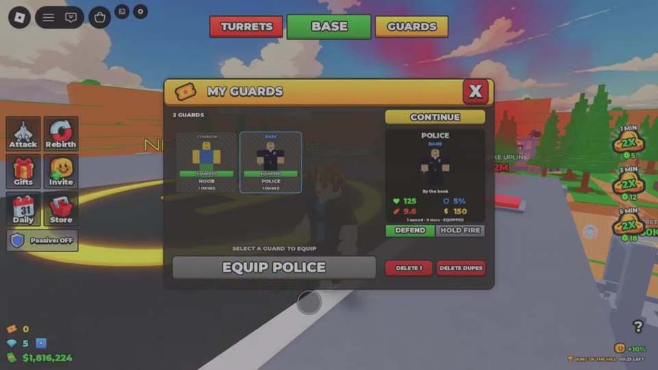 MY GUARDS showing NOOB and POLICE marked EQUIPPED, with POLICE selected.