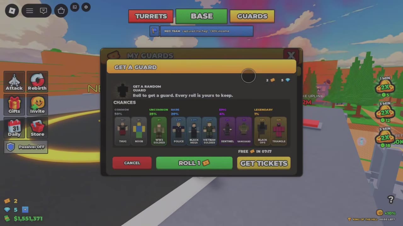 GET A GUARD menu with ROLL 1, GET TICKETS and the free-ticket countdown.