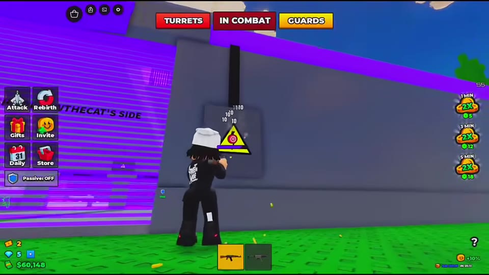 Player shooting the triangular power target and status bar beside a purple laser entrance.