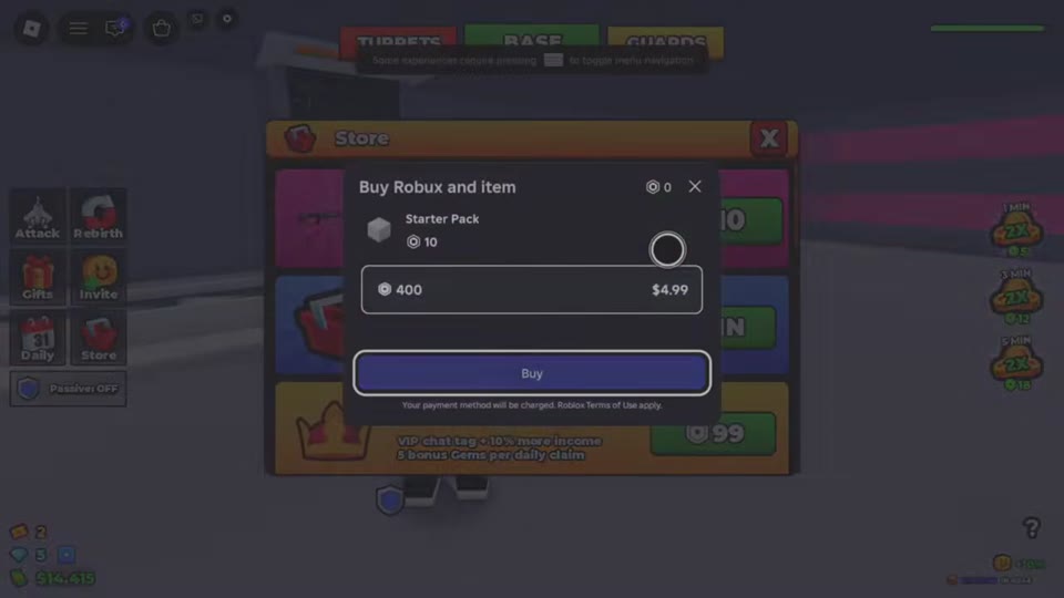 Purchase prompt showing a 10-Robux Starter Pack and a separate 400-Robux top-up for $4.99.
