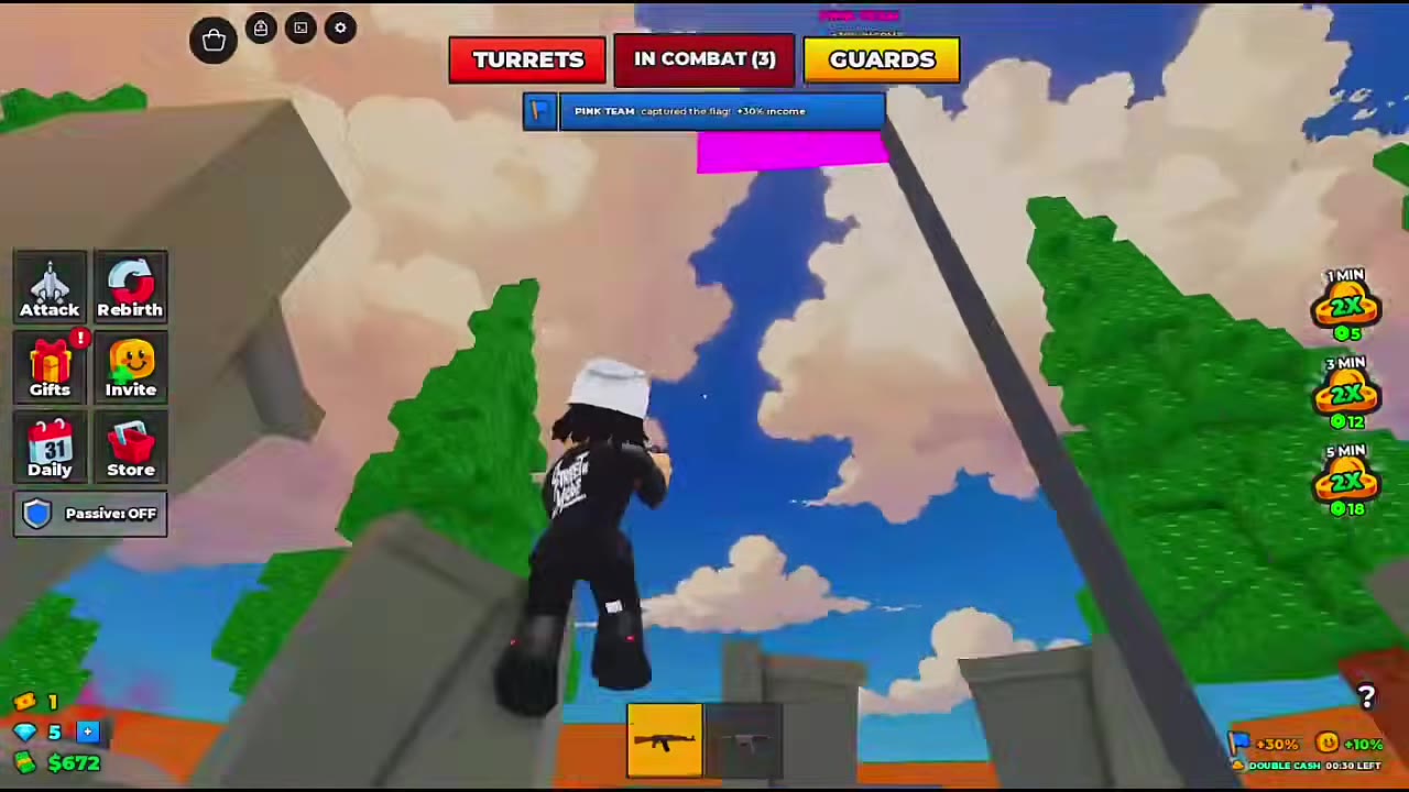 Pink flag after capture, with the Pink Team announcement and a +30% flag income icon.