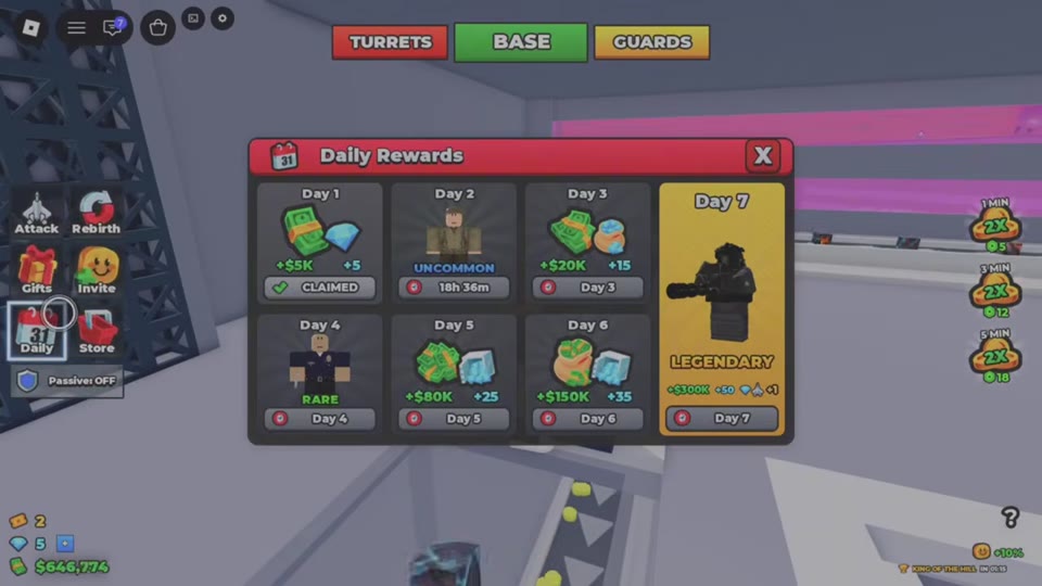 Daily Rewards panel with $5K on Day 1, CLAIMED status and a Day 2 countdown.