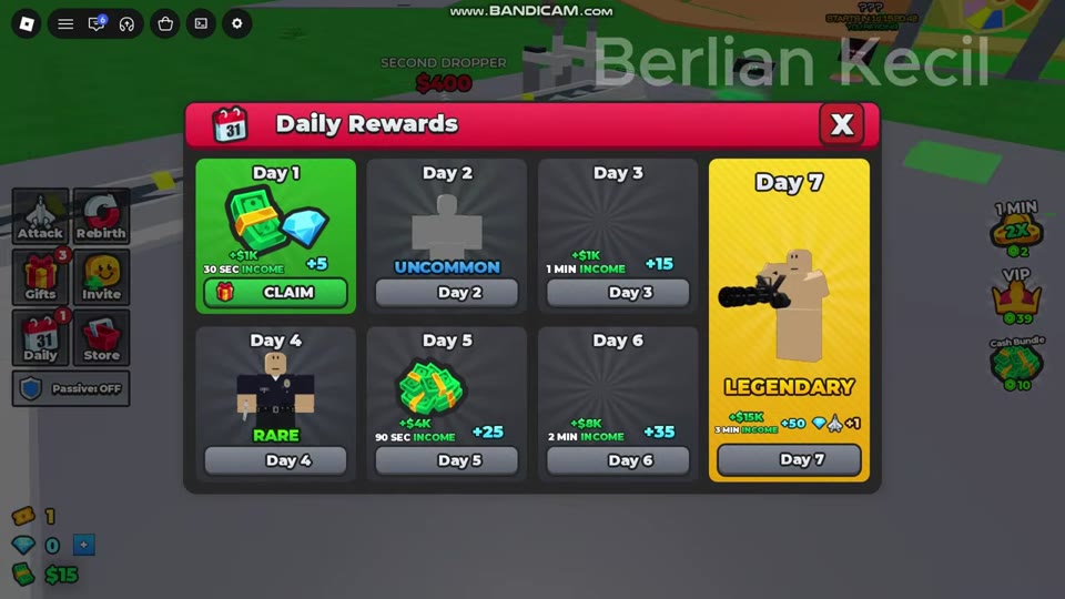 Daily Rewards panel with $1K on Day 1, income-duration labels and an available CLAIM button.