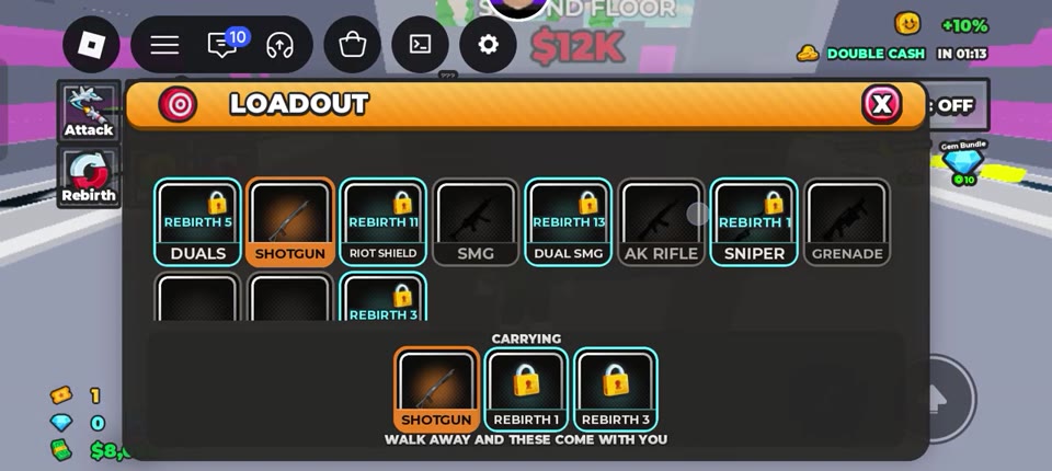 LOADOUT menu with Shotgun in the first CARRYING slot and two locked slots