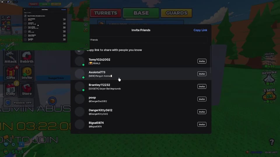 Invite Friends window with Copy Link and Invite buttons beside friends.
