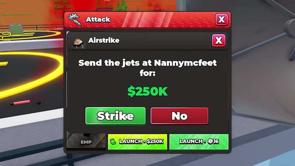 Airstrike confirmation showing the selected target, $250K fee, and Strike and No buttons.