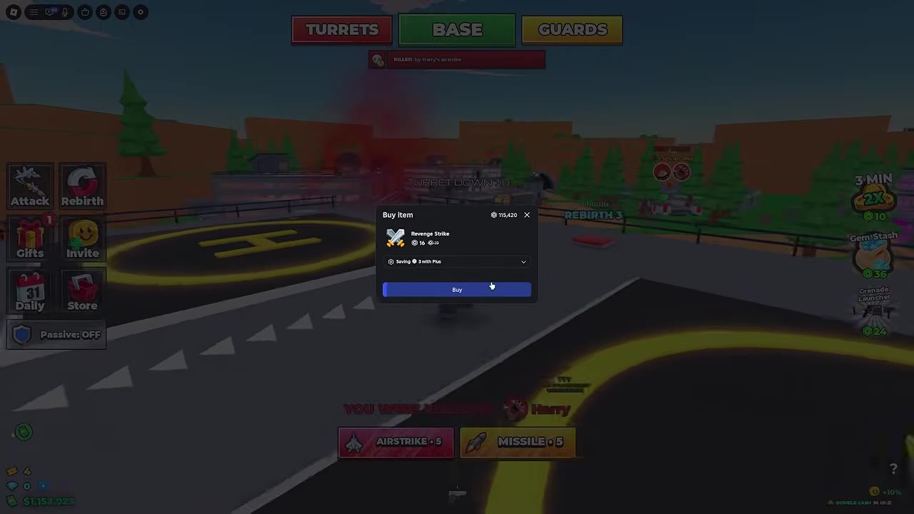 Revenge Strike purchase dialog with the Plus discounted price above the death-screen AIRSTRIKE button.