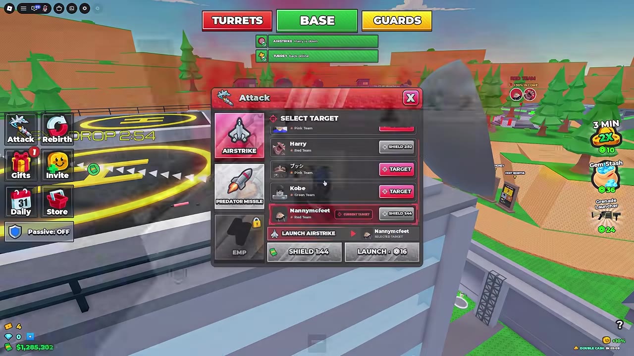 Attack menu showing shield countdowns, a grayed cash control, and a 16 Robux launch option.
